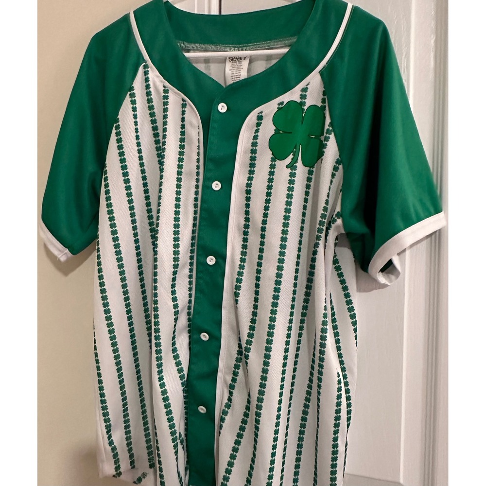 Spencer's Mens St Pat's Drinking Team Baseball Jersey Green White Clover Large